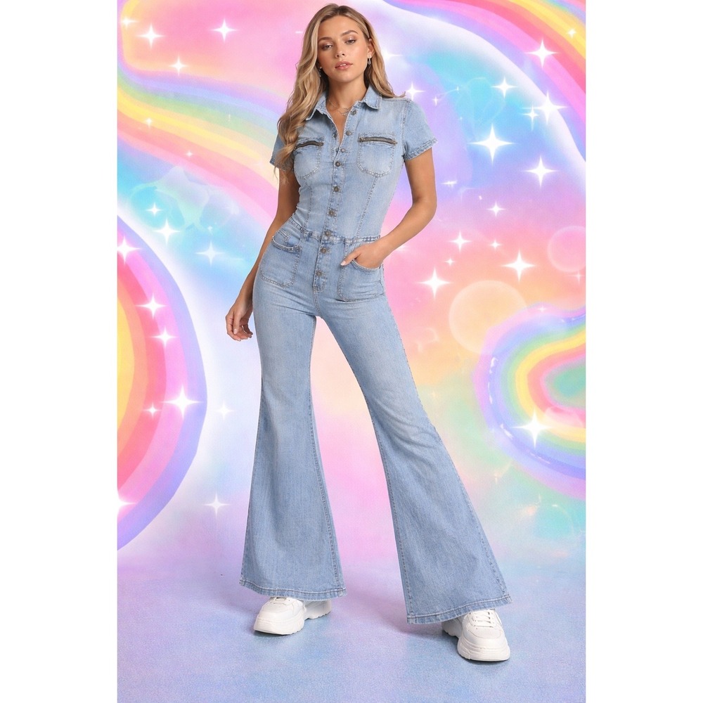 VIntage Blue Buttercup Denim Jumpsuit Medium Button Front‎ Flare Y2K 90s retro
